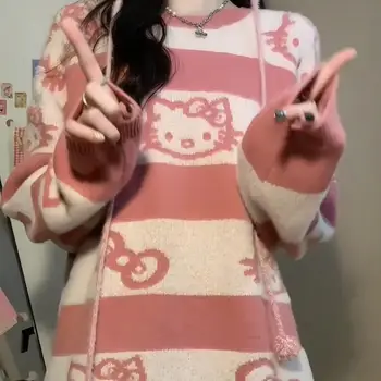Hello Kitty Sanrio Новый свитер Женский корейский стиль Симпатичный полосатый вязаный пуловер Y2K Модная одежда Розовые топы Осенне-зимние свитера