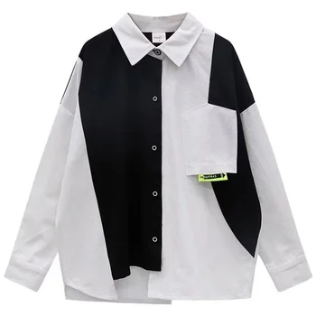 Черный Белый Пэчворк Крутая Рубашка Дети Мальчики Одежда Свободная Показ Мод Уличная Одежда Осень Весна Дети Топы Рубашки Подростки