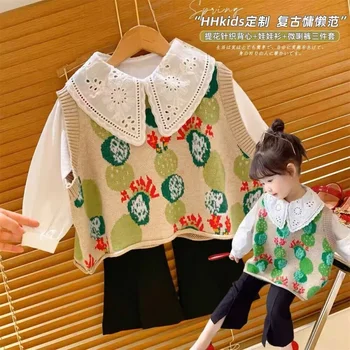 Детский свитер 2023 Весна и осень Новый трикотаж для девочек Свободный внешний носитель Жилет Рубашка Костюм