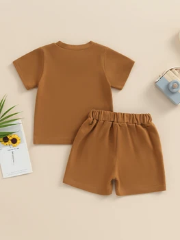 Комплекты одежды для малышей и мальчиков Топы для младенцев с коротким рукавом и круглым вырезом Для новорожденных Симпатичные шорты на шнурке Летние детские наряды (коричневый