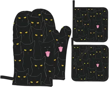  Симпатичные черные кошки Прихватки и прихватки Наборы из 4 термостойких поверхностных кухонных перчаток для микроволновой печи для гриля, выпечки, приготовления пищи