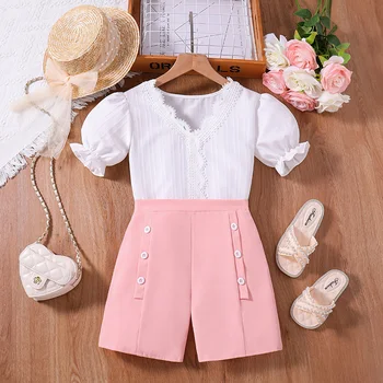 Мода для детей 4-12 лет Белый топ с короткими рукавами и розовые шорты Летние каникулы Вечеринка в корейском стиле Повседневные костюмы