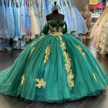 Зеленое бальное платье Платье Quinceanera 2024 Золотая кружевная аппликация Длинный шлейф XV Princess Vestidos De 15 Años День рождения Сладкое 16 Платье