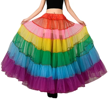 Женщины Разноцветная радуга А-силуэта макси-пачка юбка плиссированная с оборками до пола юбка без обручей свадебная свадебная сетка клеш