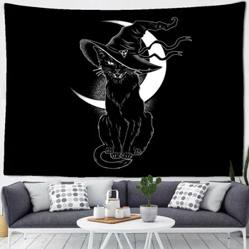 Черная кошка Психоделический гобелен Настенная подвеска Богемное колдовство Тапиз Спальня Матрас Спальня Домашний декор