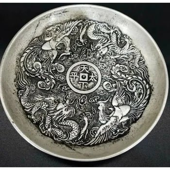Старая китайская тибетская серебряная пластина ручной работы с драконом-фениксом Марка Цяньлун