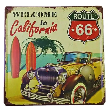 Добро пожаловать в Калифорнию Винтажный автомобиль Route 66 Sea Palm Tree Pub Coffee Bar House Home Гостиная Домашний настенный декор