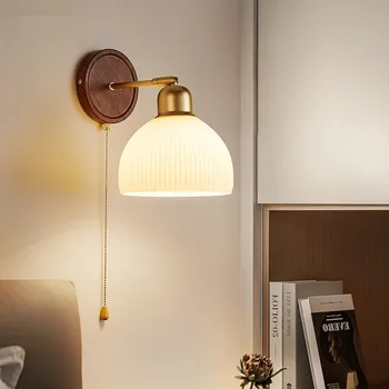 Скандинавский стеклянный настенный светильник для гостиной спальни прикроватный проход Настенный светильник цвета дерева с выдвижным переключателем Проживание в семье Искусство Декоративный E27