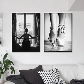 Черно-белое окно Девушка Балерина Плакаты Печать Балет Танцор Холст Живопись Настенное искусство Картина Для гостиной Картины