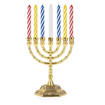 BRTAGG Менора 7 ветвей со свечами, 12 колен Израилевых, Иерусалимский храм Еврейский подсвечник (13см, золото)