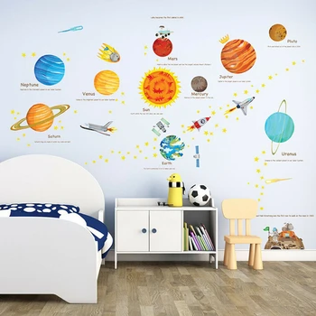 Космические планеты Наклейка для детской комнаты Мультфильм Планета Наклейка Детские комнаты Украшение Солнечная система Наклейки на стену для детей