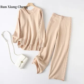 Runxiangcheng 2023 осень/зима новый вязаный свитер с широкими ножками свободный и утолщенный модный стиль женский набор бесплатная доставка