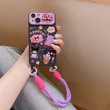 INS Горячий Sanrio Purple Kuromi Чехол для iPhone 15 14 13 12 Pro Max Симпатичный мультяшный шпон большого окна с ремешком чехлы для телефонов