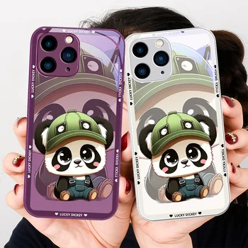 Panda с зеленой шляпой для Iphone 14 13 12 11 Pro Max X XS XR 7 8 Plus 2020 SE Чехол из закаленного стекла с белой металлической краской