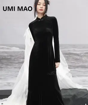 UMI MAO Темное новое винтажное бархатное платье с имитацией шеи и тонкой талией, простое и универсальное осеннее новое длинное платье Femme Y2K