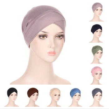 Мягкие женщины Мусульманский хиджаб Внутренняя шляпа Чепчик Простой крест Нижний платок Исламские арабские шапочки Эластичные кепочки для химиотерапии Рак Тюрбан Mujer