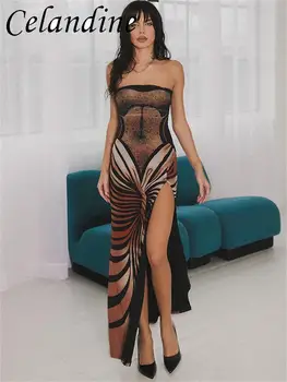 Чистотел 3D-печать Без бретелек Высокое раздельное платье Y2K Бандаж Сексуальные облегающие платья с открытой спиной Винтаж Вечеринка Фестиваль Женщины Лето 2024