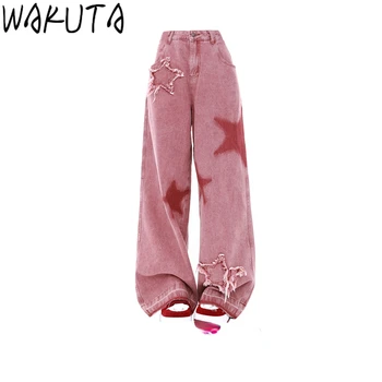 2024 Осень Розовая звезда Вышивка Женские брюки Y2k Шикарная мода Harajuku Широкие брюки Все соответствуют свободным джинсовым панталоне