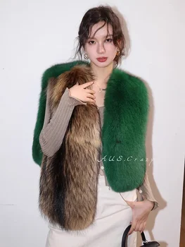  Пальто из натурального меха нестандартной длины для женщин осень-зима 2024 Новая высококачественная куртка из меха енота и собаки без рукавов