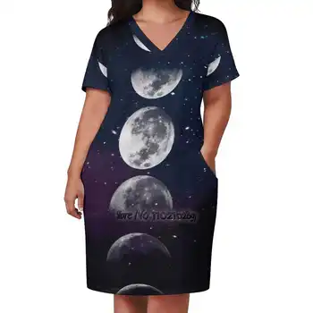 Фазы Луны V-образный вырез Юбка с коротким рукавом Узкие юбки Свободные элегантные модные платья 5Xl Фазы Луны Фаза Луны Фаза Луны Луна