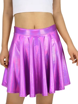  Женская блестящая летняя мини-юбка с металлическим эффектом 2023 года Уличная одежда Шикарная и элегантная женская мода Твердые голографические юбки Rave PU