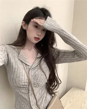 Модный свитер для женщин Туника с длинным рукавом Складки Sueter Mujer Корейская женская одежда Повседневная сексуальная вязаная укороченная кардиган-топы