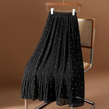 Элегантные плиссированные юбки из тюля A-силуэта с принтом в горошек 2023 Летняя корейская мода Женская эластичная юбка миди с высокой талией Faldas R34