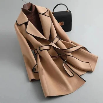 шерстяное пальто женское осенне-зимнее теплое пальто женское элегантное модное верхнее платье на шнуровке женское повседневное свободное шикарное пальто