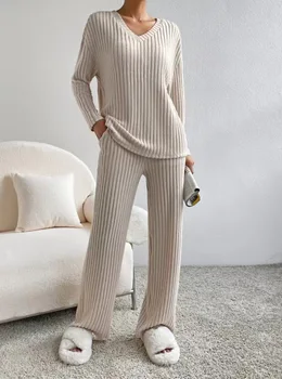 Твердый женский осенне-зимний пижамный комплект 2 шт. V-образный вырез с длинным рукавом в рубчик трикотажные топы и эластичная талия свободные брюки комплекты домашней домашней одежды