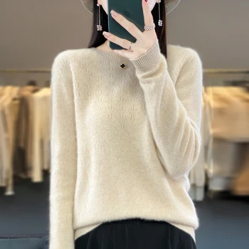 Первая линия готовой одежды новый пуловер из чистой шерсти с круглым вырезом, женский бесшовный однотонный свитер, полый трикотажный низ shi