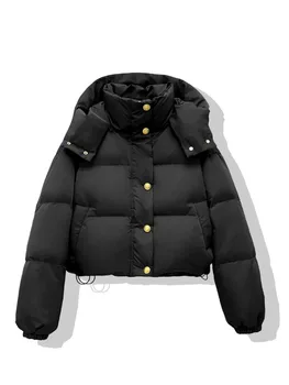  Однотонный женский короткий пуховый пальто Свободный утолщенный с капюшоном Зимняя новая женская теплая пуховик 2024
