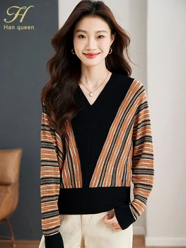 H Han Queen 2024 Женская одежда Мода Ленивые полосы Цветной блок Повседневная свободная новая женская одежда Корейский стиль Пуловер Свитер