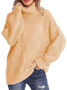 Осенняя мода Женская водолазка Скрученные свитера оверсайз Зимний фонарь Длинный рукав Вязаный пуловер Топы Твердые свободные джемперы