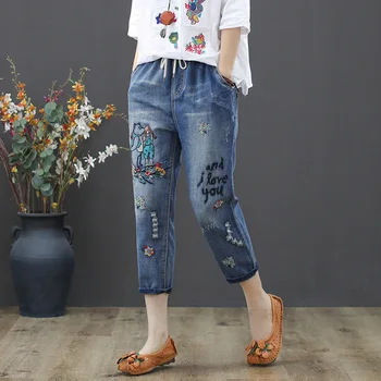 Мода Корейский стиль Джинсы Женщина Винтаж Письмо Вышивка Джинсовая джинсовая длина до икры Повседневные свободные шаровары Брюки