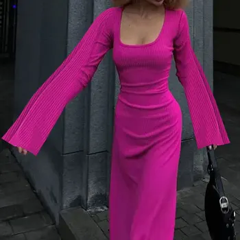 Женское платье Женское однотонное U-образное платье с U-образным вырезом и длинным рукавом темперамента Бедро Тонкое платье