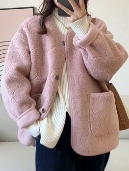 корейские свободные куртки с о-образным вырезом Женская мода на пуговицах Пальто из овечьей шерсти Женские элегантные толстые теплые повседневные верхняя одежда Casaco Feminino