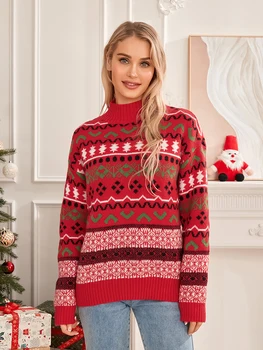 Женский рождественский свитер Повседневный полосатый с длинным рукавом Круглый вырез Свободный крой Трикотажный пуловер Топы