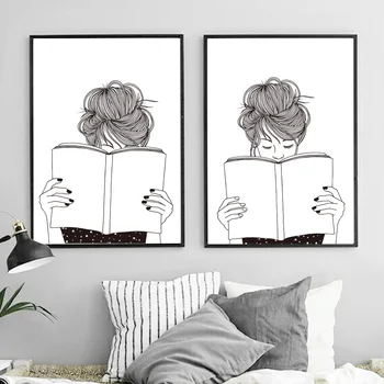 Study Girl Nordic Плакаты и принты Настенное искусство Холст Живопись Черно-белая фигура Настенные картины для гостиной Дом de