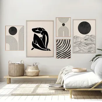 Абстрактный бежевый черный настенный художественный плакат бохо холст картины на стене картина для интерьера гостиной роспись украшения комнаты