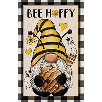 Пчела Счастливый Гном Весенний Украшение Сад Флаг, Биффало Плед Летний Двор Внешний Декор