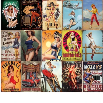  Garage Pins Girl Винтажный металлический плакат Мужское и женское настенное художественное украшение, подходящее для домашних баров, клубов, кафе