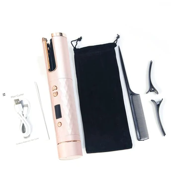 Беспроводной автоматический щипцы для завивки волос Утюжок USB Плойка ЖК-дисплей Беспроводные керамические вращающиеся инструменты для завивки Розовый