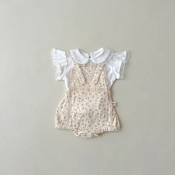 Комплекты одежды для девочек принцессы Летний цветочный комбинезон для девочек топ с летящими рукавами из двух частей Одежда для девочек Наряды