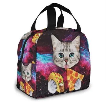Space Cat Pizza Изолированная сумка для обеда Портативный термохолодильник Многоразовая сумка для пикника Bento для женщин Дети Работа Школа Путешествия