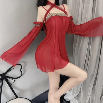 красный сексуальный китайский античный традиционный платье женское нижнее белье с открытой спиной ханьфу юбка летняя ночная рубашка сетчатый рукав трусики одежда