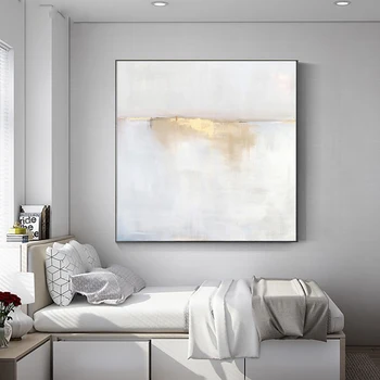 текстурированная абстрактная белая и золотая фольга живопись handmde холст современная минималистская настенная живопись декор домашней спальни