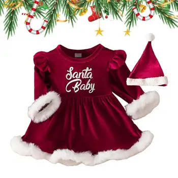 Рождество Малыш Младенец Дети Девочки Красное Платье С длинным рукавом Платья А-силуэта и шляпа Милый рождественский наряд