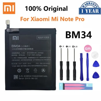 100% оригинальный аккумулятор Xiao mi BM34 3010 мАч для Xiaomi Mi Note Pro 4 ГБ ОЗУ Высококачественные сменные батареи для телефона