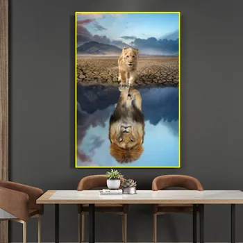 Африканский лев в воде Картина на холсте, Настенное искусство для гостиной, Домашний декор, Без рамки, Отражение взрослого
