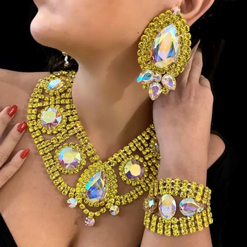 Новый Желтый Свадебный Набор Ювелирные Изделия Брайдер В Индии Для Женщин Ожерелье Серьги Браслет Набор Свадебные Аксессуары Роскошные Дамы Банкет